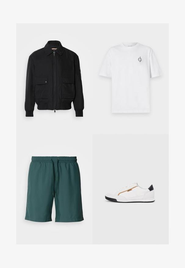 Black bomber jacket made of smooth, lightweight fabric. Features a zip front, two buttoned chest pockets, and ribbed cuffs.; White cotton t-shirt with a relaxed fit, featuring a small black graphic logo on the left chest area. Short sleeves, crew neck style.; Green, lightweight shorts with an elastic waistband and drawstring, featuring a smooth texture and side pockets for convenience.; White athletic shoes with mesh and leather accents. Features a gold "BOSS" logo, textured side panels, and a black heel cap. Rubber sole.