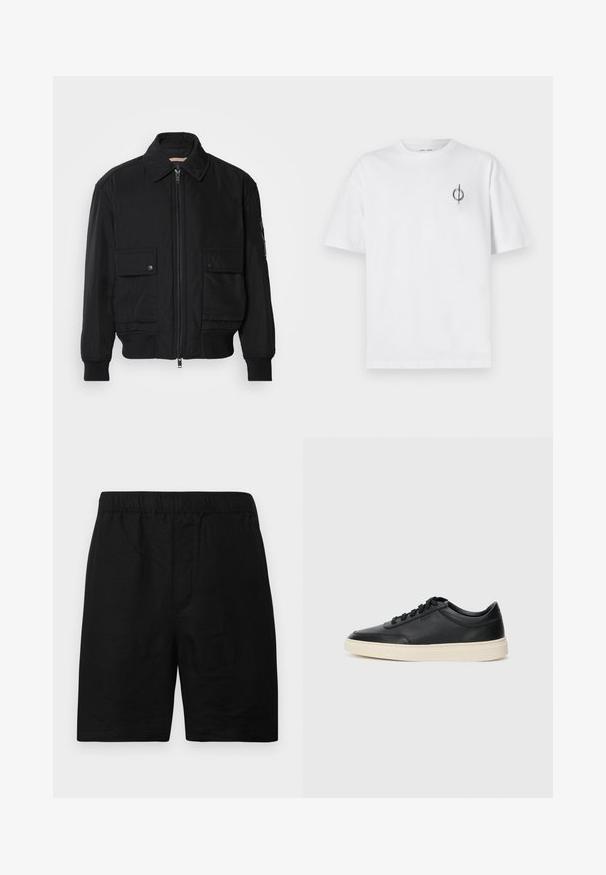 Veste bomber noire en tissu lisse et léger. Dotée d'une fermeture éclair à l'avant, de deux poches poitrines boutonnées et de poignets côtelés.; T-shirt en coton blanc avec une coupe décontractée, présentant un petit logo graphique noir sur le côté gauche de la poitrine. Manches courtes, col rond.; Shorts noirs avec une ceinture élastique, en tissu texturé, de coupe droite sans poches ni accents visibles.; Baskets en cuir noires à tiges basses avec lacets noirs et semelle ivoire, présentées en profil latéral sur fond blanc.