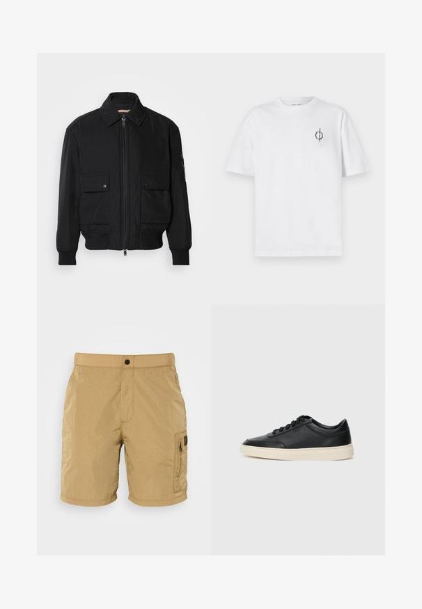 Must mustrakk musth kergestikuti kergemest kuduklett, kergete vestid valjase tormakate. Omab fasadi lukkumist, kahte nööbül pulsiv кофейня ning ribitud käiseid.; Valge puuvillane t-särk lõdva sobivusega, millel on vasakul rinnal väike must graafiline logo. Lühikesed varrukad, ümmargune kaelus.; Kerged, kergekaalulised lühikesed püksid, millel on tekstuuriga viimistlus, eesmine tasku ja küljetasku musta tõmbluku ja brändi detailiga.; Mustad musta nahast madal sneaker mustade nööpidega ja kreemivalge tallaga, nähtud külgprofiilis valge tausta ees.