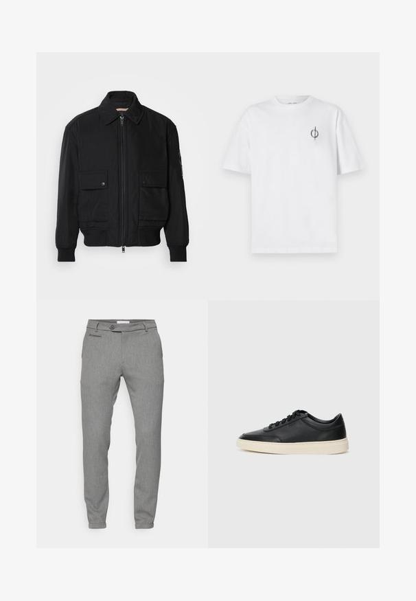 Fekete bomberdzseki sima, könnyű anyagból. Cipzáras elülső részével, két gombos mellzsebével és bordás mandzsettáival rendelkezik.; Fehér pamut póló laza szabással, kis fekete grafikai logóval a bal mellen. Rövid ujjak, kerek nyakkivágás.; Szürke nadrág, amely texturált, szőtt anyagból készült; slim fit; öt zsebes kialakítás; gombos zárás; tapered (keskeny) lábak; diszkrét minta.; Fekete, alacsony szárú bőrsneaker fekete fűzőkkel és törtfehér talppal, oldalnézetben, fehér háttér előtt.