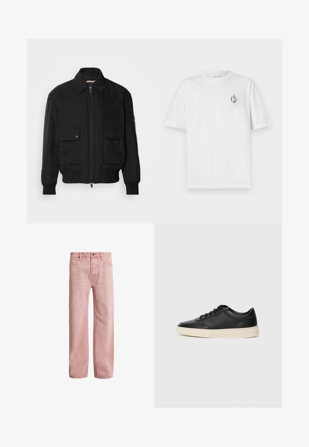Black bomber jacket made of smooth, lightweight fabric. Features a zip front, two buttoned chest pockets, and ribbed cuffs.; White cotton t-shirt with a relaxed fit, featuring a small black graphic logo on the left chest area. Short sleeves, crew neck style.; AllSaints LENNY - Relaxed fit jeans - light pink; Black low-top leather sneaker with black laces and off-white sole shown in side profile on white background.