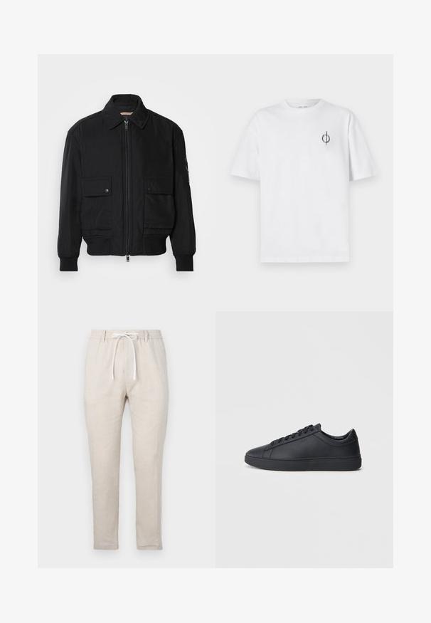 Black bomber jacket made of smooth, lightweight fabric. Features a zip front, two buttoned chest pockets, and ribbed cuffs.; White cotton t-shirt with a relaxed fit, featuring a small black graphic logo on the left chest area. Short sleeves, crew neck style.; Beige linen trousers with a relaxed fit, elastic waistband, and a drawstring closure. Straight leg design with a smooth texture.; Black sneakers made of smooth leather with a low-top design, round toe, and flat rubber sole. Features laces and subtle branding.