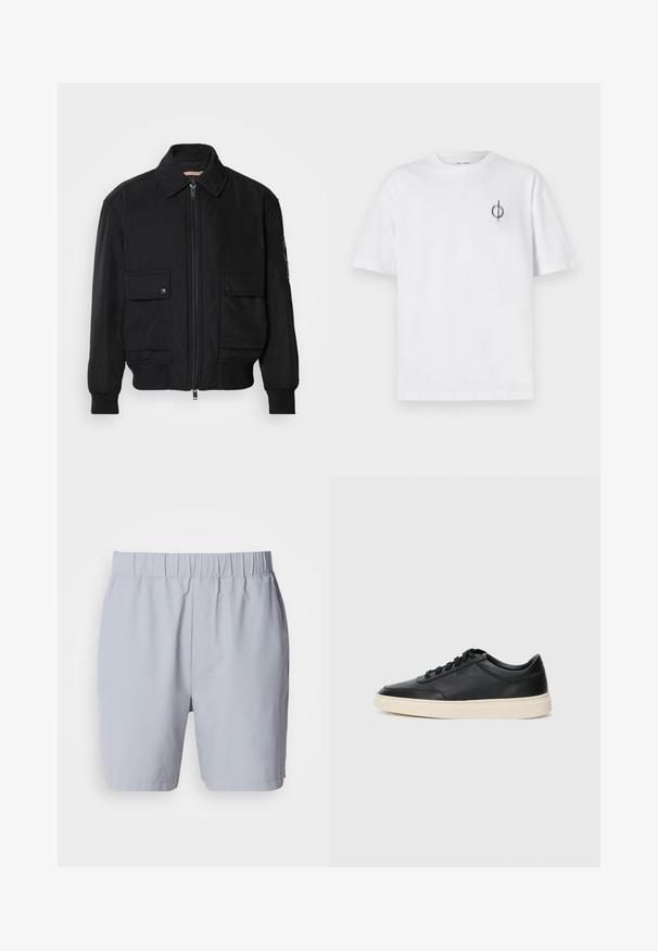 Must mustrakk musth kergestikuti kergemest kuduklett, kergete vestid valjase tormakate. Omab fasadi lukkumist, kahte nööbül pulsiv кофейня ning ribitud käiseid.; Valge puuvillane t-särk lõdva sobivusega, millel on vasakul rinnal väike must graafiline logo. Lühikesed varrukad, ümmargune kaelus.; Heledhall toonides ujumispüksid elastse vöökohaga, kaks küljetaskut ja sile ning kerge kangas. Nähtavad mustrid või kaunistused puuduvad.; Mustad musta nahast madal sneaker mustade nööpidega ja kreemivalge tallaga, nähtud külgprofiilis valge tausta ees.