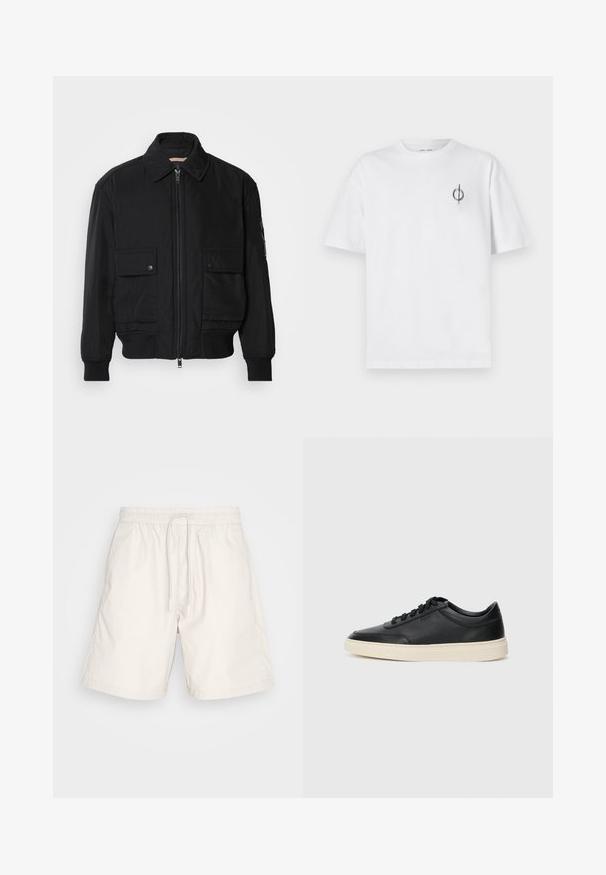 Chaqueta bomber negra de tejido suave y ligero. Cuenta con cierre de cremallera en la parte delantera, dos bolsillos en el pecho con botón y puños acanalados.; Camiseta de algodón blanca con un corte relajado, con un pequeño logotipo gráfico negro en el área del pecho izquierdo. Mangas cortas, estilo cuello redondo.; Pantalones cortos de un beige claro, fabricados con una tela suave y ligera. Cuentan con una cinturilla elástica con cordón y bolsillos laterales.; Zapatilla negra de piel de caña baja con cordones negros y suela color crema, mostrada en perfil lateral sobre fondo blanco.