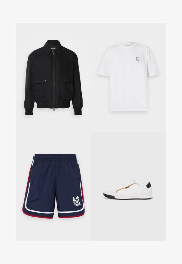Zwarte bomberjack gemaakt van soepel, lichtgewicht materiaal. Voorzien van een ritssluiting aan de voorkant, twee knoopsluitingen op de borstzakken en geribbelde manchetten.; Witte katoenen t-shirt met een ontspannen pasvorm, voorzien van een klein zwart graphic logo op de linkerkant van de borst. Korte mouwen, ronde hals.; Marineblauwe zwembroek met witte en rode zijstrepen, elastische tailleband en een logo met een ijsje aan de voorkant.; Witte sportieve schoenen met gaas- en lederen accenten. Voorzien van een gouden "BOSS" logo, gestructureerde zijpanelen en een zwarte hakkap. Rubberen zool.
