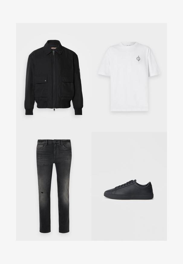 Jaqueta bomber preta feita de um tecido liso e leve. Apresenta um fecho zip à frente, dois bolsos no peito com botão e punhos canelados.; Camisa de algodão branca com um corte relaxado, apresentando um pequeno logótipo gráfico preto na área do peito esquerdo. Mangas curtas, estilo de gola redonda.; Jeans de ganga pretos slim-fit com desvanecimento, ligeira degradação perto do joelho, cinco bolsos e fecho padrão com botão e zíper.; Ténis pretos feitos de couro liso com um design de cano baixo, bico redondo e sola de borracha plana. Apresentam atacadores e uma marcação discreta.