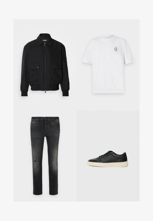 Crna bomberska jakna od glatkog, laganog materijala. Ima zatvarač sprijeda, dva gumbasta džepa na prsima i rebraste manžete.; Bijela pamučna majica s opuštenim krojem, s malim crnim grafičkim logotipom na lijevoj prečki. Kratki rukavi, okrugli izrez.; Užeđene crne traperice s izblijedjelim dijelovima, laganim oštećenjima oko koljena, pet džepova i standardnim zatvaranjem na dugme i patentni zatvarač.; Crne niske kožne tenisice s crnim vezicama i kremasto bijelom potplatom prikazane u bočnom profilu na bijeloj pozadini.