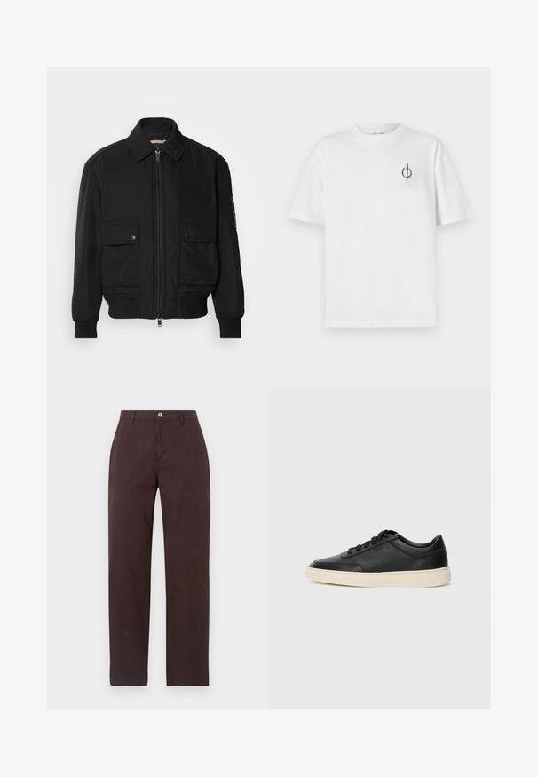 Juodas bomber stiliaus švarkas, pagamintas iš sklandaus, lengvo audinio. Su užtrauktuku priekyje, dviem kišenėmis su sagomis ant krūtinės ir guma apykaklėje.; Balta medvilninė marškinė su laisvu siluetu, su mažą juodą grafiką logotipą kairėje krūtinės pusėje. Trumpomis rankovėmis, apvaliu kaklu.; Libertine-Libertine ALERT - Kelnės - chocolate; Juoda žema viršutinė odinė sportbačiai su juodais raišteliais ir kreminiu padu, pateikti šoniniame profilyje ant baltos fono.