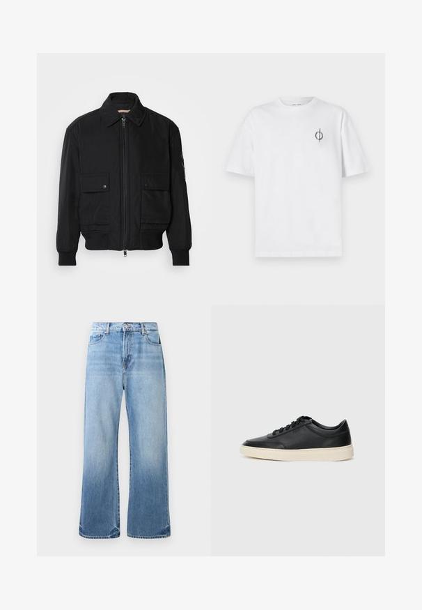 Černá bomber bunda vyrobená z hladkého, lehkého materiálu. Má zipový přední díl, dvě kapsy na hrudi s knoflíky a vroubkované manžety.; Bílý bavlněný tričko s volným střihem, které má malé černé grafické logo na levé straně hrudi. Krátké rukávy, kulatý výstřih.; Světle modré džíny s rovnými nohavicemi, příjemným vybledlým vzhledem, pět kapsami a kontrastním prošitím. Detaily na roztrhaném lemu.; Černé kožené nízké tenisky s černými tkaničkami a slonovinovou podešví, zobrazené v bočním profilu na bílém pozadí.