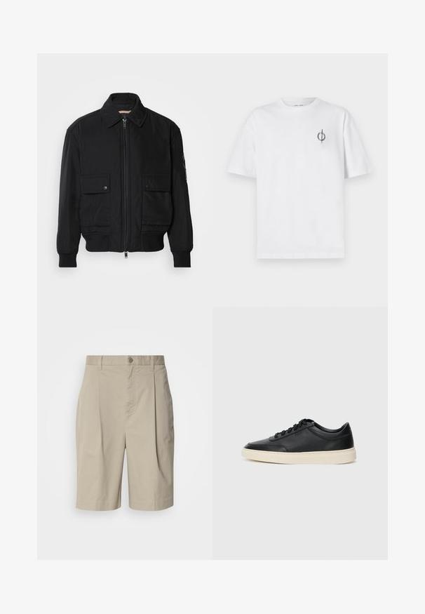 Veste bomber noire en tissu lisse et léger. Dotée d'une fermeture éclair à l'avant, de deux poches poitrines boutonnées et de poignets côtelés.; T-shirt en coton blanc avec une coupe décontractée, présentant un petit logo graphique noir sur le côté gauche de la poitrine. Manches courtes, col rond.; Shorts en coton beige avec un devant plissé, fermeture à bouton à la taille et poches latérales. Texture lisse et coupe à mi-genoux.; Baskets en cuir noires à tiges basses avec lacets noirs et semelle ivoire, présentées en profil latéral sur fond blanc.