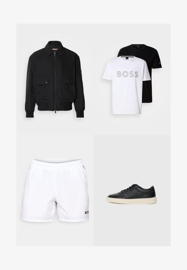 Svart bomberjacka gjord av mjukt, lättviktigt tyg. Har dragkedja fram, två knappade bröstfickor och ribbade ärmslut.; Två crew neck t-shirts staplade; en vit med grårandig "BOSS" tryck, den andra svart med en liten "BOSS" logga på ärmen.; Vita badbyxor med elastisk midja, med en svart "BOSS"-logotyp på nedre högra sidan, tillverkade av lätt, slät tyg.; Svart låg skor i läder med svarta snören och off-white sula, visas i sidoprofil på vit bakgrund.
