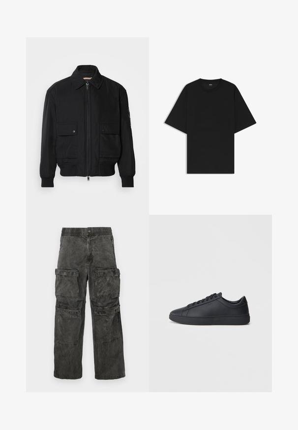 Musta pommijakku, joka on valmistettu sileästä, kevyestä kankaasta. Varusteena vetoketjukiinnitys, kaksi napillista rintataskua ja ribbattu hihansuu.; Mustapaitainen lyhythihainen crew neck -t-paita rentoa mitoitusta ja pienellä "BOSS" -merkinnällä sisäkauluksessa.; Cargo-housut haalistuneesta mustasta kangasta, joissa on joustava vyötärö, useita sivutaskuja ja hieman pesty pinta.; Mustat lenkkarit, jotka on valmistettu sileästä nahasta, matalalla varrella, pyöreällä varvalla ja tasaisella kumipohjalla. Varusteena nauhat ja huomaamaton brändäys.
