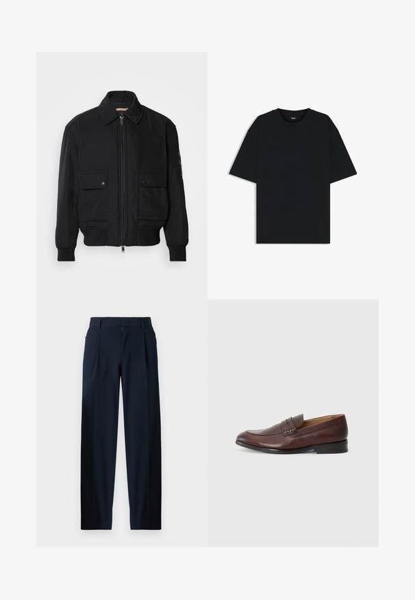 Czarna kurtka bombowiec wykonana z gładkiego, lekkiego materiału. Posiada zamek błyskawiczny z przodu, dwie kieszenie na piersi zapinane na guziki oraz ściągacze przy mankietach.; Czarny bawełniany t-shirt z okrągłym dekoltem i krótkimi rękawami. Charakteryzuje się luźnym krojem i prostym designem, bez wzorów czy akcentów.; Granatowe spodnie o gładkiej fakturze, szerokiej nogawce, z plisami z przodu, szlufkami na pasek i zapięciem na zamek. Odpowiednie na formalne i codzienne okazje.; JOOP! KLEITOS ciemnobrązowy