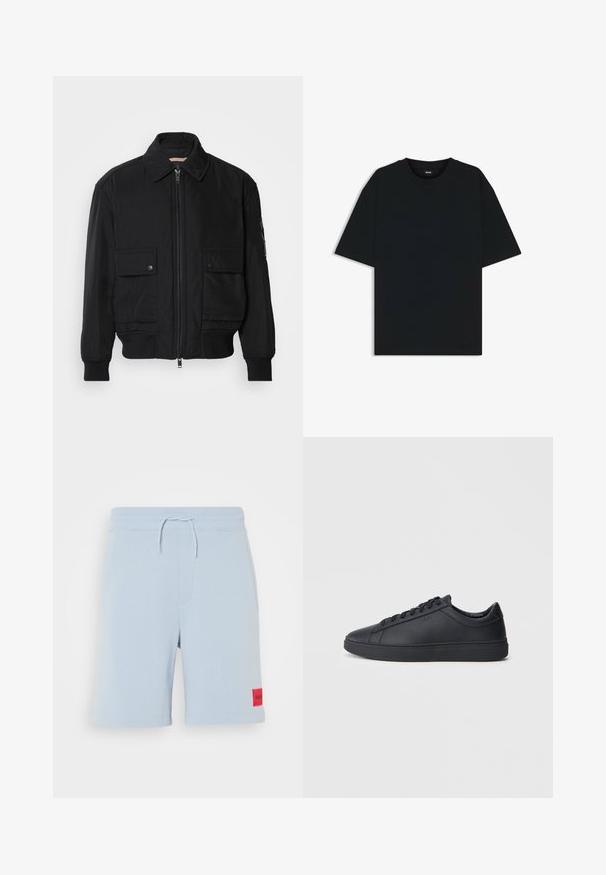 Black bomber jacket made of smooth, lightweight fabric. Features a zip front, two buttoned chest pockets, and ribbed cuffs.; Black cotton t-shirt with a round neckline and short sleeves. Features a loose fit and a simple design without patterns or accents.; Light blue cotton shorts with an elastic waistband and drawstring, featuring a red patch label on the left side. Smooth texture.; Black sneakers made of smooth leather with a low-top design, round toe, and flat rubber sole. Features laces and subtle branding.