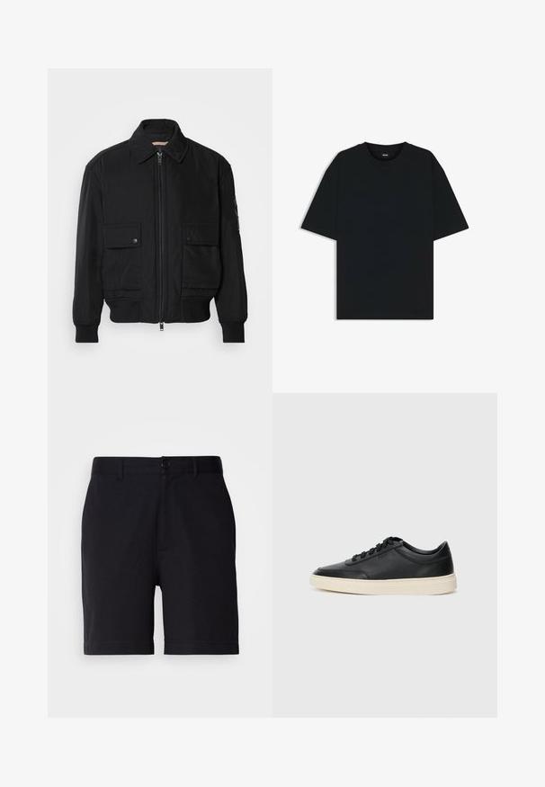 Sort bomberjakke lavet af glat, letvægtsstof. Har lynlås foran, to knap-lukkede brystlommer og ribbede manchetter.; Sort bomuld t-shirt med rund halsudskæring og korte ærmer. Har en løs pasform og et enkelt design uden mønstre eller accenter.; Sorte shorts lavet af en bomuldsblanding, med en klassisk pasform, frontlommer og en knaplukning i taljen.; Sort lavt top lædersneaker med sorte snørebånd og off-white sål vist i sideprofil på hvid baggrund.