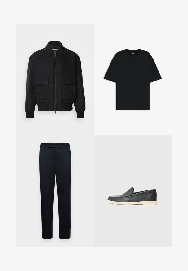 Schwarze Bomberjacke aus glattem, leichtem Stoff. Mit einem Reißverschluss vorne, zwei aufknöpfbaren Brusttaschen und gerippten Bündchen.; Schwarzes Baumwoll-T-Shirt mit rundem Halsausschnitt und kurzen Ärmeln. Verfügt über einen lockeren Schnitt und ein schlichtes Design ohne Muster oder Akzente.; Schwarze Hose mit maßgeschneidertem Schnitt. Verfügt über eine glatte Textur, Gürtelschlaufen und offene Fronttaschen. Gerades Bein Design.; Schwarze Leder-Slipper mit strukturiertem Finish und einer kontrastierenden beige Gummisohle. Mit einem dezenten Akzent an der Vorderseite.