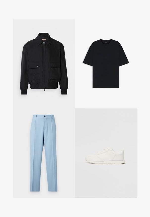 Giacca bomber nera realizzata in tessuto morbido e leggero. Caratterizzata da una chiusura con zip frontale, due tasche sul petto con bottone e polsini a costine.; Maglietta in cotone nera con scollatura rotonda e maniche corte. Presenta una vestibilità ampia e un design semplice senza motivi o dettagli.; Pantaloni azzurri chiari realizzati in tessuto morbido, con un design a gamba dritta, pieghe frontali e chiusura con un solo bottone in vita.; Sneaker bianco con tomaia in rete e materiale sintetico, punta tonda, lacciuoli piatti e una striscia laterale testurizzata. Suola in gomma con linguetta sul retro.