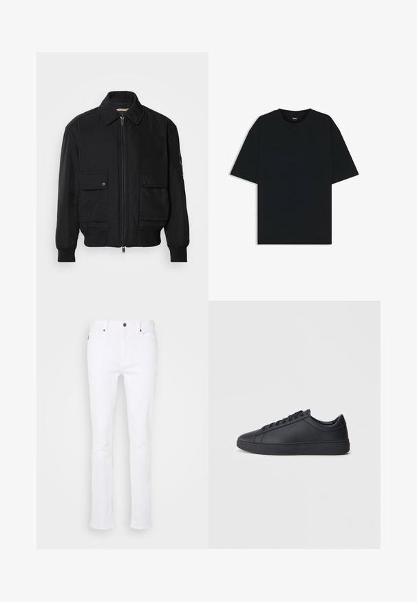 Black bomber jacket made of smooth, lightweight fabric. Features a zip front, two buttoned chest pockets, and ribbed cuffs.; Black cotton t-shirt with a round neckline and short sleeves. Features a loose fit and a simple design without patterns or accents.; White denim jeans with a straight-leg design, featuring two front pockets, a back pocket, and a metal fastener at the waistband.; Black sneakers made of smooth leather with a low-top design, round toe, and flat rubber sole. Features laces and subtle branding.