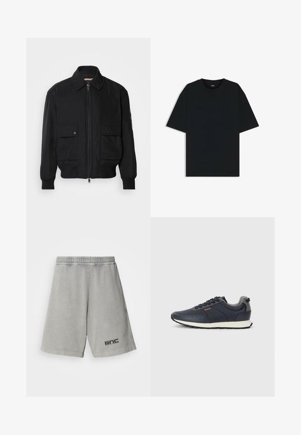 Schwarze Bomberjacke aus glattem, leichtem Stoff. Mit einem Reißverschluss vorne, zwei aufknöpfbaren Brusttaschen und gerippten Bündchen.; Schwarzes Baumwoll-T-Shirt mit rundem Halsausschnitt und kurzen Ärmeln. Verfügt über einen lockeren Schnitt und ein schlichtes Design ohne Muster oder Akzente.; Hellgraue Baumwollshorts mit einem elastischen Bund, ausgestattet mit einem schwarzen Logo auf der unteren linken Seite und einer glatten, einfarbigen Textur.; Marineblaue Sneakers mit einem glatten synthetischen Obermaterial, runder Zehenpartie, grauen Akzenten, Schnürdesign und einer weißen Zwischensohle mit einer strukturierten schwarzen Laufsohle.