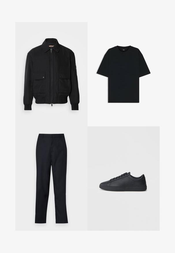 Svart bomberjacka gjord av mjukt, lättviktigt tyg. Har dragkedja fram, två knappade bröstfickor och ribbade ärmslut.; Svart bomullströja med rund hals och korta ärmar. Har en lös passform och en enkel design utan mönster eller accenter.; Mörkblå byxor i slät tyg, med raka ben, enkel knappstängning och subtila framveck.; Svarta sneakers i slätt läder med låg design, rund tå och platt gummisula. Har snörning och subtil branding.