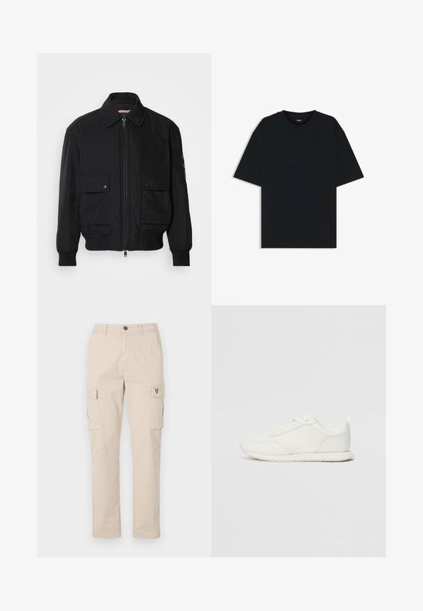 Black bomber jacket made of smooth, lightweight fabric. Features a zip front, two buttoned chest pockets, and ribbed cuffs.; Black cotton t-shirt with a round neckline and short sleeves. Features a loose fit and a simple design without patterns or accents.; Beige cargo pants made of cotton, featuring two side pockets, a back pocket, and a small logo on the side. Straight-leg design, sturdy fabric.; White sneaker with a mesh and synthetic upper, round toe, flat laces, and a textured side stripe. Rubber sole with a pull tab at the back.
