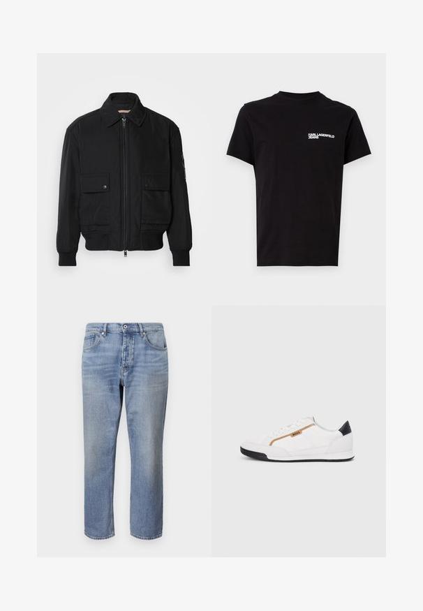 Chaqueta bomber negra de tejido suave y ligero. Cuenta con cierre de cremallera en la parte delantera, dos bolsillos en el pecho con botón y puños acanalados.; Camiseta negra de algodón, con cuello redondo y mangas cortas. Texto del logo en blanco destacado en el área del lado izquierdo del pecho. Diseño simple.; Vaqueros de mezclilla azul claro con corte recto, diseño de cinco bolsillos, costuras visibles y cierre de botón en la cintura.; Zapatillas deportivas blancas con acentos de malla y cuero. Presentan un logotipo dorado de "BOSS", paneles laterales texturizados y una tapa de talón negra. Suela de goma.