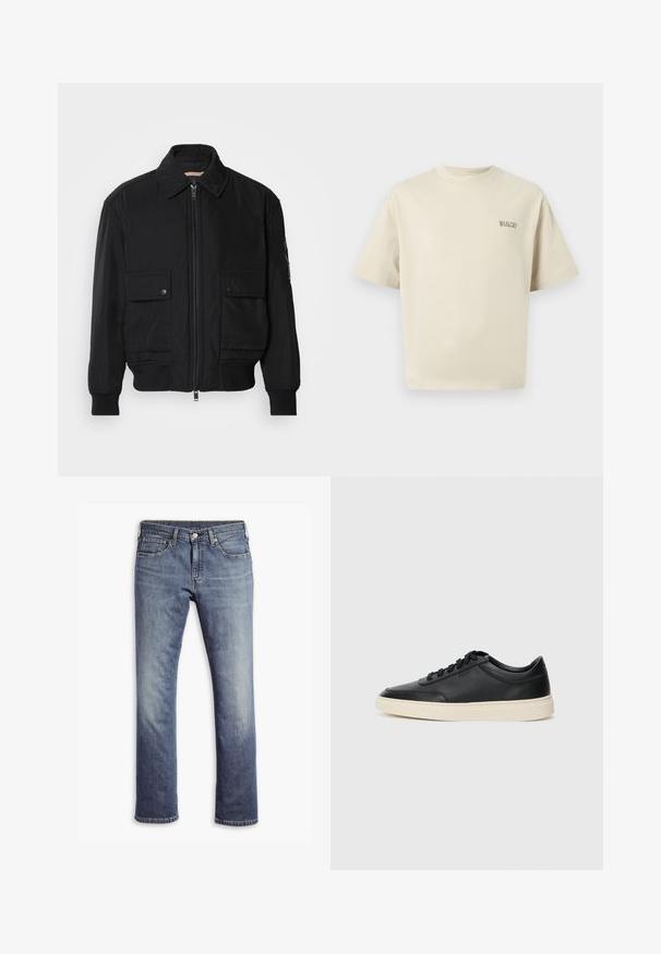Must mustrakk musth kergestikuti kergemest kuduklett, kergete vestid valjase tormakate. Omab fasadi lukkumist, kahte nööbül pulsiv кофейня ning ribitud käiseid.; Beeži puuvillane t-särk lühikeste varrukatega, ümmargune kaelus ja väike "SELECTED" logo vasakul rinnal. Sile tekstuur.; Sinised sirged denim teksad, millel on ees nuppude ja tõmbluku sulgemine, vööde kinnitamiseks aasad ja viis taskut.; Mustad musta nahast madal sneaker mustade nööpidega ja kreemivalge tallaga, nähtud külgprofiilis valge tausta ees.