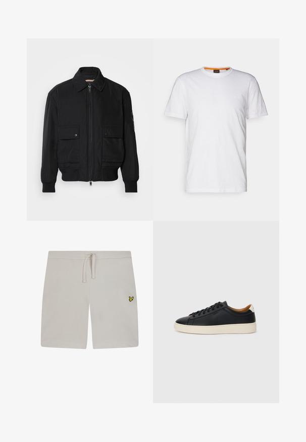 Melnā bomber jaka, izgatavota no gludas, vieglas auduma. Ar rāvējslēdzēju priekšā, diviem pogājamiem krūšu kabatām un ribotām piedurknēm.; Balta kokvilnas T-krekls ar apaļu kakla izgriezumu, īsām piedurknēm un nemanāmu reljefa logo uz krūšu daļas. Iekšējā birka ar oranžu akcentu.; Gaiši pelēki kokvilnas šorti ar elastīgu jostasvietu un aukliņu. Kreisajā pusē ir neliels dzeltens logotips. Gluda tekstūra.; Melni ādas sporta apavi ar gludu tekstūru, bēša krāsas gumijas zole, auklu aizdare un kontrastējošs papēža akcents.
