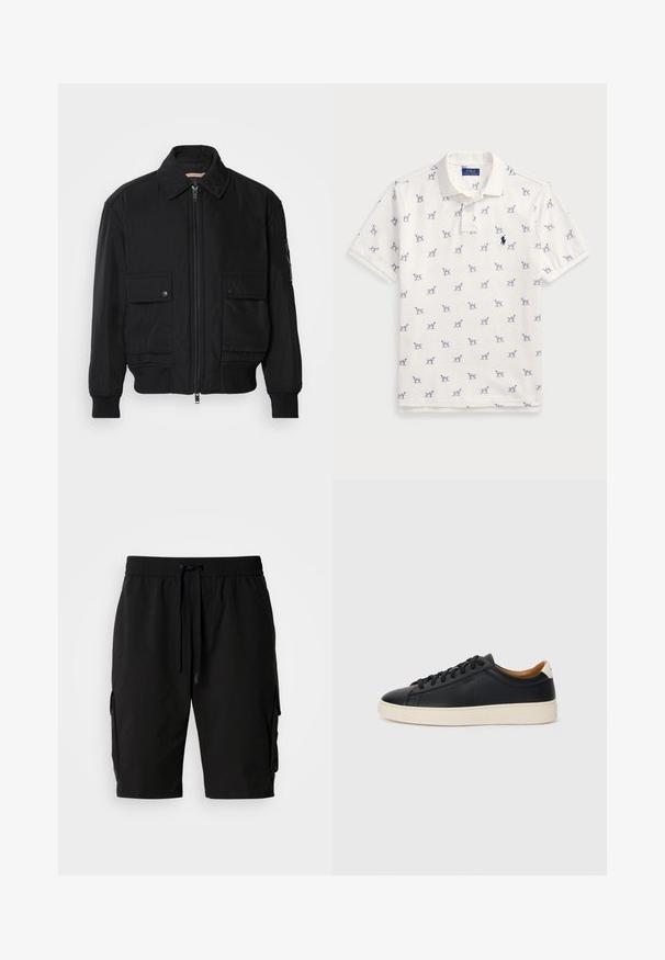 Črna bomberska jakna iz gladkega, lahkega materiala. Ima zadrgo spredaj, dva žepa na prsih s preklopom in rebraste manšete.; Bela polo majica iz bombaža, ki vsebuje ponovljen modri vzorec psov in majhen modri logotip na prsih. Kratki rokavi in ovratnik.; Črne cargo kratke hlače iz lahkotnega materiala, z elastičnim pasom, vrvico in stranskimi cargo žepi za dodatno shranjevanje.; Črne usnjene superge z gladko teksturo, bež gumijastim podplatom, zavezovalnim dizajnom in kontrastnim nagibom na peti.