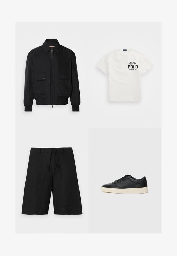 Must mustrakk musth kergestikuti kergemest kuduklett, kergete vestid valjase tormakate. Omab fasadi lukkumist, kahte nööbül pulsiv кофейня ning ribitud käiseid.; Valge puuvillane T-särk ümmarguse kaelusega, millel on must "Polo Motorsport" logo ja ristatud ruudulipud vasakul rinnal.; Mustad linane lühikesed püksid mugava lõikega, nööriga vööl ja ilma nähtavate mustriteta. Kangas näib kerge ja kergelt tekstureeritud pinnaga.; Mustad musta nahast madal sneaker mustade nööpidega ja kreemivalge tallaga, nähtud külgprofiilis valge tausta ees.