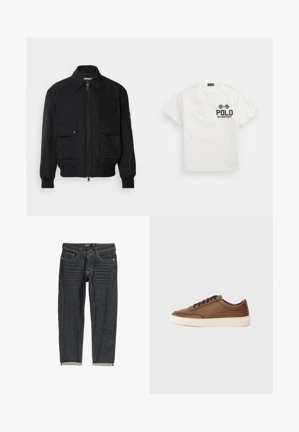 Černá bomber bunda vyrobená z hladkého, lehkého materiálu. Má zipový přední díl, dvě kapsy na hrudi s knoflíky a vroubkované manžety.; Bílý bavlněný tričko s kulatým výstřihem, s černým logem "Polo Motorsport" a zkříženými šachovnicovými vlajkami na levé hrudi.; Tmavomodré džínové kalhoty s rovnými nohavicemi, světlým šitím, pěti kapsami a zahnutými manžetami na kotnících. Texturovaná látka.; Hnědá kožená teniska s hladkým povrchem, šněrováním a kontrastní off-white gumovou podrážkou. Minimální branding na boku.