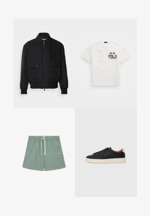 Juodas bomber stiliaus švarkas, pagamintas iš sklandaus, lengvo audinio. Su užtrauktuku priekyje, dviem kišenėmis su sagomis ant krūtinės ir guma apykaklėje.; Balta medvilninė marškinė su apvaliu kaklu, su juodu "Polo Motorsport" logotipu ir kirtusiomis šachmatų vėliavomis kairėje krūtinės pusėje.; Žali ir balti dryžuoti maudymosi šortai su elastine juostele, reguliuojamu raišteliu ir mažo logotipo detalėmis kairėje apatinėje pusėje.; Juodos odinės sportbačiai su lygiu paviršiumi, smėlio spalvos guminis padas, raišteliais užsegama konstrukcija ir kontrastingas kulno akcentas.
