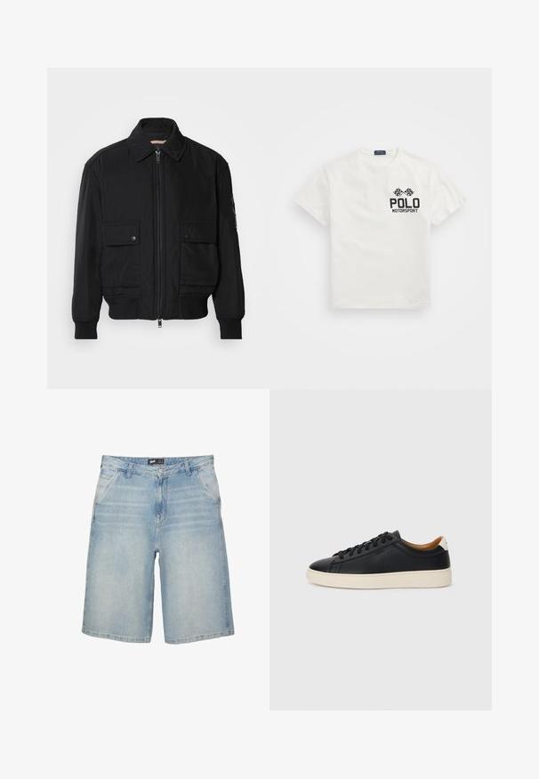 Čierna bomber bunda vyrobená z hladkej, ľahkej látky. Má zips na prednej strane, dve gombíkové vrecká na hrudi a ribbované manžety.; Biela bavlnená tričko s okrúhlym výstrihom, na ľavej hrudi s čiernym logom "Polo Motorsport" a prekrývajúcimi sa šachovnicovými vlajkami.; Svetlo modré džínsy šortky so straight strihom, dizajnom s piatimi vreckami a kontrastným prešívaním. Obsahujú zapínanie na gombík a zips.; Čierne kožené tenisky s hladkou textúrou, béžová gumová podrážka, viazanie a kontrastný akcent na päte.