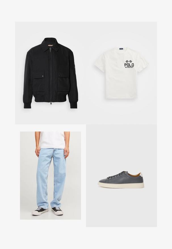 Fekete bomberdzseki sima, könnyű anyagból. Cipzáras elülső részével, két gombos mellzsebével és bordás mandzsettáival rendelkezik.; Fehér pamut póló, kerek nyakkal, fekete "Polo Motorsport" logóval és keresztben elhelyezett csekkelt zászlókkal a bal mellrészen.; Világoskék farmernadrág, laza szabással, egyenes lábbal és standard varrással, fekete sportcipővel párosítva.; Szürke bőr sportcipő kerek orral, gumitalppal, lapos fűzőkkel és világos színű részletekkel a sarkán. Simás textúrával és minimalista dizájnnal rendelkezik.