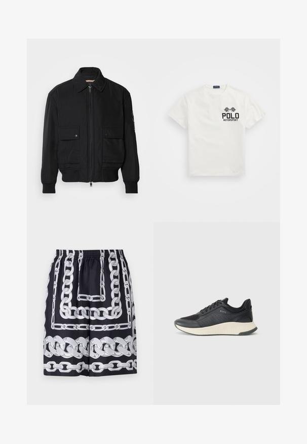 Giacca bomber nera realizzata in tessuto morbido e leggero. Caratterizzata da una chiusura con zip frontale, due tasche sul petto con bottone e polsini a costine.; T-shirt bianca in cotone con colletto rotondo, con logo nero "Polo Motorsport" e bandiere a scacchi incrociate sul lato sinistro del petto.; Pantaloni corti neri con grandi motivi a catena argentata, con vita elastica e una vestibilità ampia, realizzati in un tessuto liscio.; Sneaker atletica nera con tomaia in rete e perforazioni, un intersuola testurizzata in crema e una suola in gomma per una buona trazione.