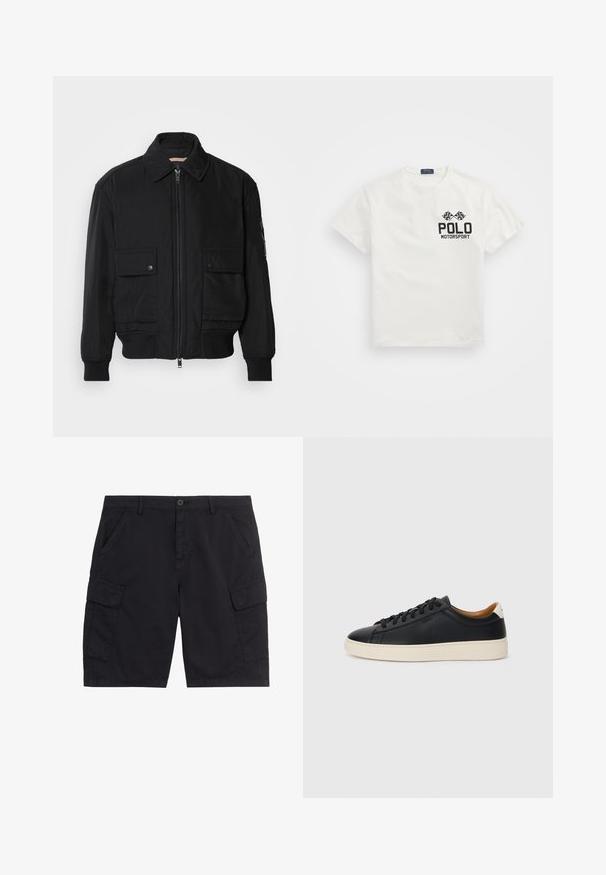 Chaqueta bomber negra de tejido suave y ligero. Cuenta con cierre de cremallera en la parte delantera, dos bolsillos en el pecho con botón y puños acanalados.; Camiseta de algodón blanca con cuello redondo, que presenta un logo negro de "Polo Motorsport" y banderas a cuadros cruzadas en el lado izquierdo del pecho.; Pantalones cortos cargo negros con botón y cremallera delanteros, dos bolsillos laterales, dos bolsillos cargo con solapa y presillas para cinturón.; Zapatillas negras de cuero con una textura suave, suela de goma beige, diseño de cordones y un acento en el talón de color contrastante.
