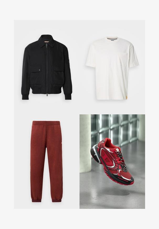 Czarna kurtka bombowiec wykonana z gładkiego, lekkiego materiału. Posiada zamek błyskawiczny z przodu, dwie kieszenie na piersi zapinane na guziki oraz ściągacze przy mankietach.; Biała bawełniana koszulka z okrągłym dekoltem, krótkimi rękawami i kieszonką na lewej piersi. Wyposażona w małą metkę z logo na bocznej szwie.; Fleece'owe spodnie dresowe w kolorze rdzy z elastyczną talią i mankietami na kostkach, zaprezentowane na białym tle.; Czerwono-czarne sportowe buty z wzorzystym wzorem i czarno-białymi sznurówkami zawieszone nad szarym podłogą w nowoczesnym wnętrzu.