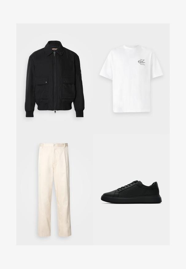 Schwarze Bomberjacke aus glattem, leichtem Stoff. Mit einem Reißverschluss vorne, zwei aufknöpfbaren Brusttaschen und gerippten Bündchen.; Weißes Baumwoll-T-Shirt mit kurzen Ärmeln, Rundhalsausschnitt, mit einem schwarzen CK-Logo im linken Brustbereich, normale Passform, glatte Textur.; Beige Baumwollhose mit geradem Bein, ausgestattet mit einem Knopfverschluss und Falten an der Vorderseite für zusätzliche Details.; Schwarze Low-Top Sneakers mit tonalem "CK"-Muster, schnürbarem Design und dicker Sohle auf einem weißen Hintergrund.