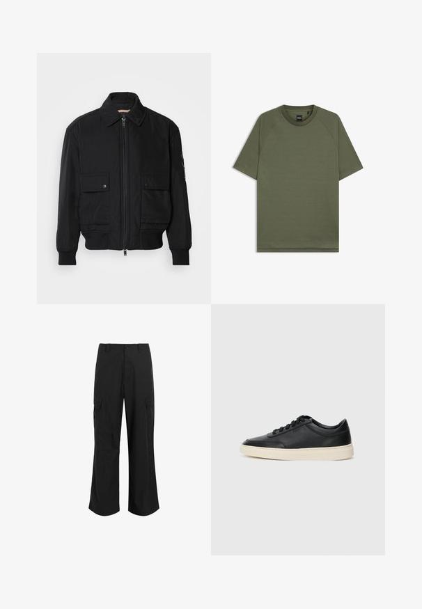 Juodas bomber stiliaus švarkas, pagamintas iš sklandaus, lengvo audinio. Su užtrauktuku priekyje, dviem kišenėmis su sagomis ant krūtinės ir guma apykaklėje.; Vienos spalvos alyvuogių žalios trumpomis rankovėmis marškinėliai su apvaliu kaklu ir raglano stiliumi, vidinėje apykaklėje yra mažas juodas "BOSS" etiketė.; Juodi cargo kelnės, pagamintos iš lengvos medžiagos, turinčios laisvą siluetą, dvi dideles šonines kišenes ir mygtuko užsegimą.; Juoda žema viršutinė odinė sportbačiai su juodais raišteliais ir kreminiu padu, pateikti šoniniame profilyje ant baltos fono.