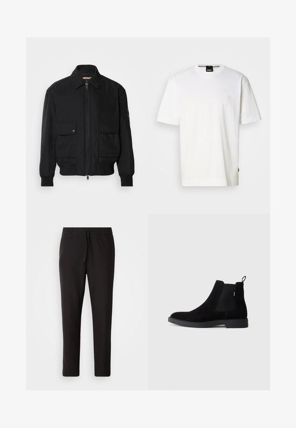 Černá bomber bunda vyrobená z hladkého, lehkého materiálu. Má zipový přední díl, dvě kapsy na hrudi s knoflíky a vroubkované manžety.; Bílé bavlněné tričko s kulatým výstřihem, krátkými rukávy a malým logem na prsou. Spodní lem s přímým střihem.; Černé teplákové kalhoty vyrobené z hladké látky. Mají elastický pas se šňůrkou, zúžené nohavice a žádné viditelné kapsy. Jednoduchý design.; Černé semišové chelsea boty s elastickými postranními panely, zaoblenou špičkou a nízkou gumovou podešví. Disponují poutkem na zadní straně pro snadné obouvání.