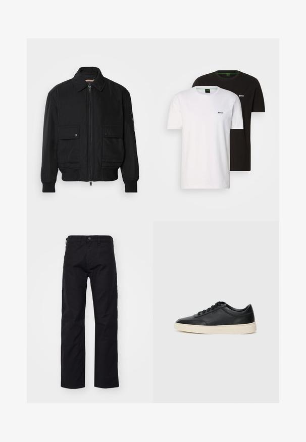 Juodas bomber stiliaus švarkas, pagamintas iš sklandaus, lengvo audinio. Su užtrauktuku priekyje, dviem kišenėmis su sagomis ant krūtinės ir guma apykaklėje.; Dvi medvilnės marškinėliai juodos ir baltos spalvos, su apvalia iškirpte ir mažais logotipais ant krūtinės. Abu marškiniai turi trumpas rankoves ir tiesų pjūvį.; Juodos kanvos kelnės su tiesių kojų dizainu, turinčios priekinį mygtuko užsegimą, diržo kilpeles ir šonines kišenes. Audinys yra lygus ir patvarus.; Juoda žema viršutinė odinė sportbačiai su juodais raišteliais ir kreminiu padu, pateikti šoniniame profilyje ant baltos fono.