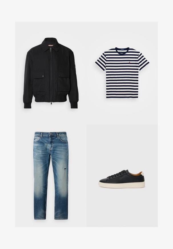 Črna bomberska jakna iz gladkega, lahkega materiala. Ima zadrgo spredaj, dva žepa na prsih s preklopom in rebraste manšete.; Modra in bela črtasta majica s kratkimi rokavi iz bombaža, s krojnim ovratnikom in majhnim rdečim vezenim logotipom na prsih.; Modre kavbojke z ravnim krojem, ki imajo zbledeli pranje, lahke obrabe in subtilne detajle gubanja. Klasična zasnova s petimi žepi.; Črne usnjene superge z gladko teksturo, bež gumijastim podplatom, zavezovalnim dizajnom in kontrastnim nagibom na peti.