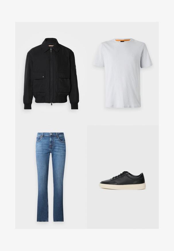 Melnā bomber jaka, izgatavota no gludas, vieglas auduma. Ar rāvējslēdzēju priekšā, diviem pogājamiem krūšu kabatām un ribotām piedurknēm.; Gaišpelēka īsās piedurknes T-krekls, kas izgatavots no kokvilnas, ar mazu logo uzšuvumu uz krūšu un kontrastējošu oranžu akcentu uz apkakles.; Zili denimi džinsi ar taisnas kājas dizainu, kas iezīmējas ar vieglu izbalēšanu, piecām kabatām un metāla elementi. Jostu zonas augšējā daļā ir jostu cilpas.; Melnas zemas ādas sporta kurpes ar melnām auklām un off-white zoli, rādītas no sānu profila uz baltā fona.