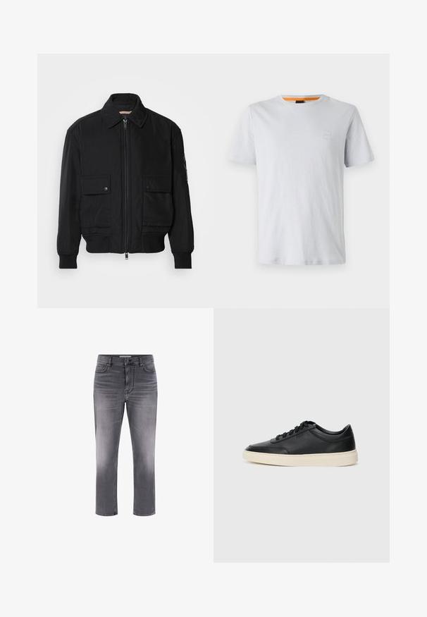 Must mustrakk musth kergestikuti kergemest kuduklett, kergete vestid valjase tormakate. Omab fasadi lukkumist, kahte nööbül pulsiv кофейня ning ribitud käiseid.; Heledhalli lühikeste varrukatega t-särk, mis on valmistatud puuvillast, sisaldab väikest logo paika rinnal ja kontrastset oranži aksenti krael.; Hallhalli denim püksid viie tasku disainiga, sirge lõike ja tuhmumisega. Omab nööpidega sulgemist ja kontrastseid õmblusi.; Mustad musta nahast madal sneaker mustade nööpidega ja kreemivalge tallaga, nähtud külgprofiilis valge tausta ees.