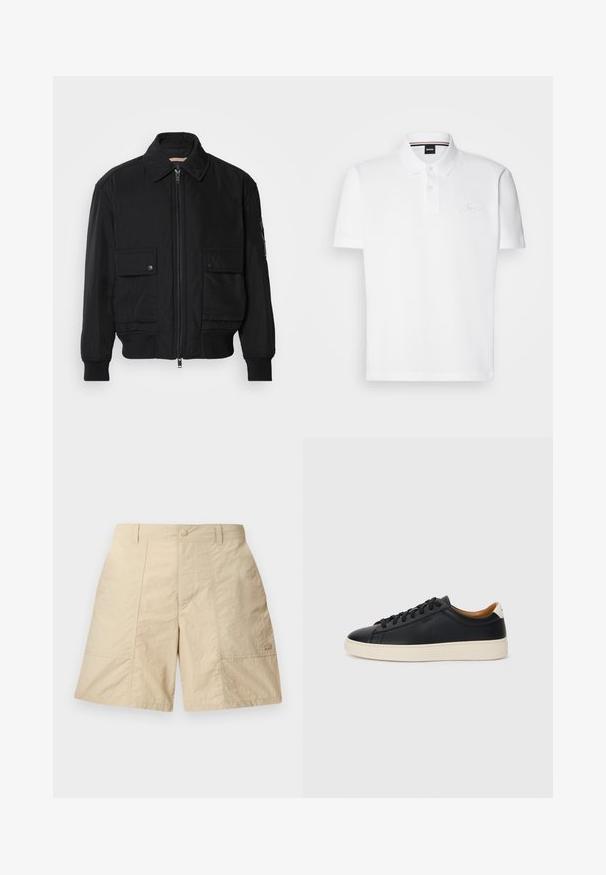 Juodas bomber stiliaus švarkas, pagamintas iš sklandaus, lengvo audinio. Su užtrauktuku priekyje, dviem kišenėmis su sagomis ant krūtinės ir guma apykaklėje.; Balta polo marškinėliai pagaminti iš medvilnės ir poliesterio mišinio, su apykakle, dviejų mygtukų uždarymu ir subtiliu siuvinėtu logotipu ant krūtinės.; Šviesiai rudos šortai su tekstūruotu paviršiumi, turintys priekinį mygtuko uždarymą, dvi šonines kišenes ir mažą logotipą apatinėje dešinėje pusėje.; Juodos odinės sportbačiai su lygiu paviršiumi, smėlio spalvos guminis padas, raišteliais užsegama konstrukcija ir kontrastingas kulno akcentas.