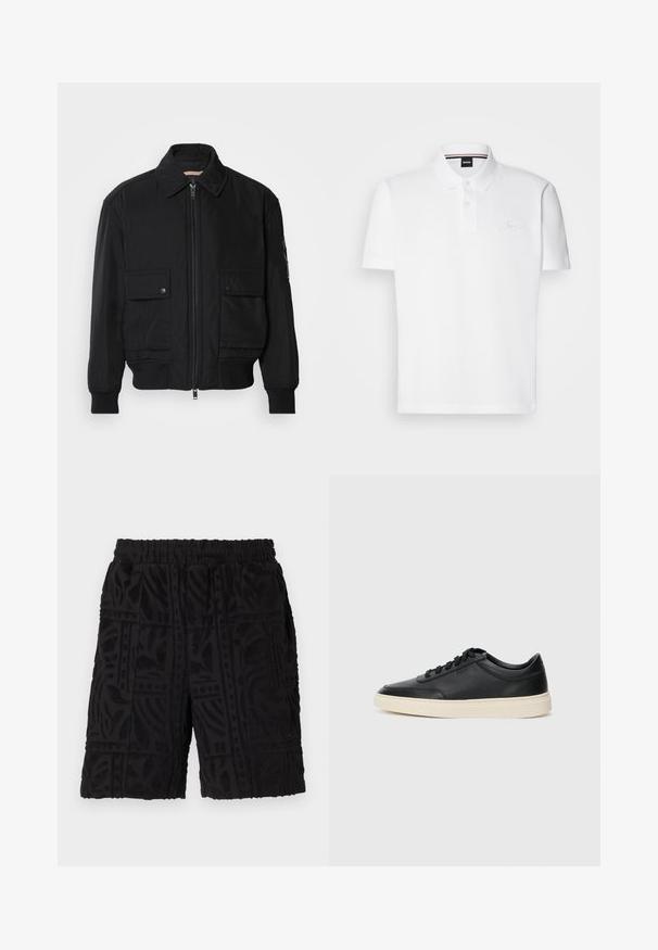 Čierna bomber bunda vyrobená z hladkej, ľahkej látky. Má zips na prednej strane, dve gombíkové vrecká na hrudi a ribbované manžety.; Biela polo tričko vyrobené z bavlneno-polyesterovej zmesi, s golierom, dvoma gombíkmi na prednej strane a jemne vyšitým logom na hrudi.; Čierne šortky z textúrovaného materiálu s embosovaným listovým vzorom, elastickým pásom a bočnými vreckami. Neformálny dizajn a dĺžka po strednú stehno.; Čierne nízkoprevádzkové kožené tenisky s čiernymi šnúrkami a krémovou podrážkou zobrazené v bočnom profile na bielom pozadí.