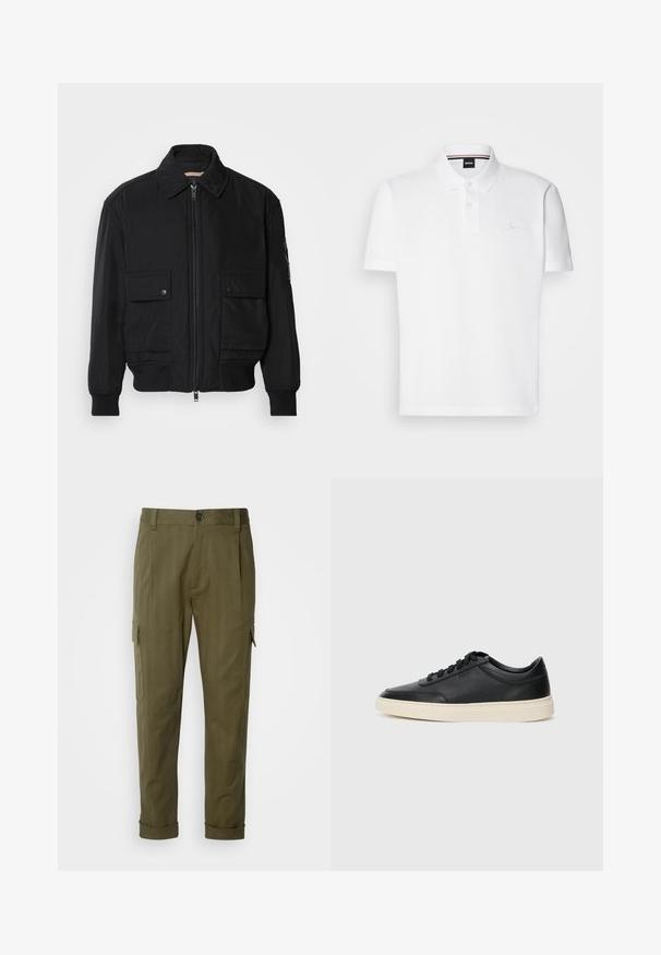 Czarna kurtka bombowiec wykonana z gładkiego, lekkiego materiału. Posiada zamek błyskawiczny z przodu, dwie kieszenie na piersi zapinane na guziki oraz ściągacze przy mankietach.; Biała koszulka polo wykonana z mieszanki bawełny i poliestru, z kołnierzykiem, zapięciem na dwa guziki oraz subtelnym haftowanym logo na piersi.; BOSS PERIN zielony; Czarne niskie skórzane sneakersy z czarnymi sznurówkami i off-white podeszwą, prezentowane w profilu bocznym na białym tle.