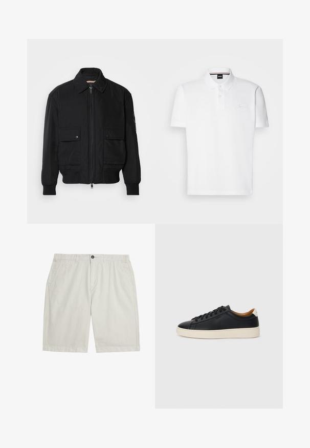Schwarze Bomberjacke aus glattem, leichtem Stoff. Mit einem Reißverschluss vorne, zwei aufknöpfbaren Brusttaschen und gerippten Bündchen.; Weißes Poloshirt aus einer Baumwoll-Polyester-Mischung, mit Kragen, zwei Knopf-Leiste und dezentem gesticktem Logo auf der Brust.; Hellbeige knielange Shorts mit Fronttaschen, Gürtelschlaufen, Knopfverschluss und sauberem, glattem Stoff.; Schwarze Ledersneaker mit glatter Textur, beiger Gummisohle, Schnürdesign und einem kontrastierenden Fersenakzent.