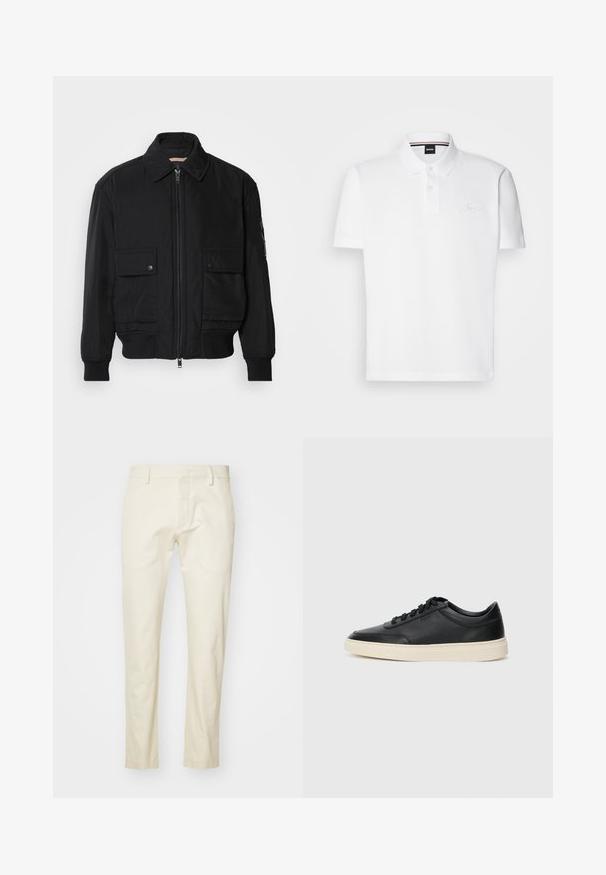 Giacca bomber nera realizzata in tessuto morbido e leggero. Caratterizzata da una chiusura con zip frontale, due tasche sul petto con bottone e polsini a costine.; Polo bianco realizzato in un mix di cotone e poliestere, dotato di colletto, pattina con due bottoni e un discreto logo ricamato sul petto.; Pantaloni in cotone beige con design a gamba dritta, zip frontale e tasche piatte. Tessuto strutturato con una finitura liscia.; Sneaker in pelle nera a basso profilo con lacci neri e suola avorio, mostrato di profilo su sfondo bianco.