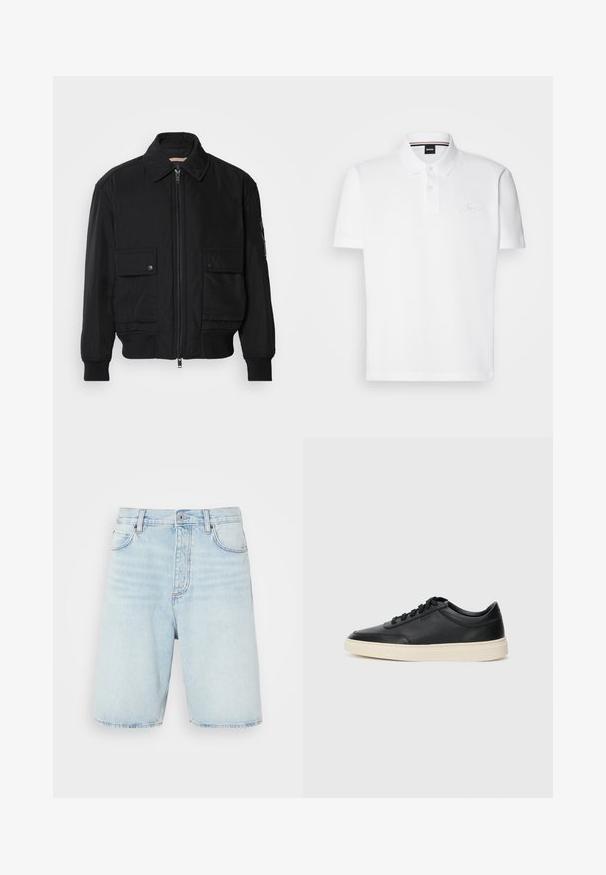 Juodas bomber stiliaus švarkas, pagamintas iš sklandaus, lengvo audinio. Su užtrauktuku priekyje, dviem kišenėmis su sagomis ant krūtinės ir guma apykaklėje.; Balta polo marškinėliai pagaminti iš medvilnės ir poliesterio mišinio, su apykakle, dviejų mygtukų uždarymu ir subtiliu siuvinėtu logotipu ant krūtinės.; Šviesiai mėlyni džinsiniai šortai su aukštu liemeniu, mygtukų užsegimu ir penkių kišenių stiliumi. Pasižymi subtiliu nusidėvėjimu ir tiesiomis kojomis.; Juoda žema viršutinė odinė sportbačiai su juodais raišteliais ir kreminiu padu, pateikti šoniniame profilyje ant baltos fono.